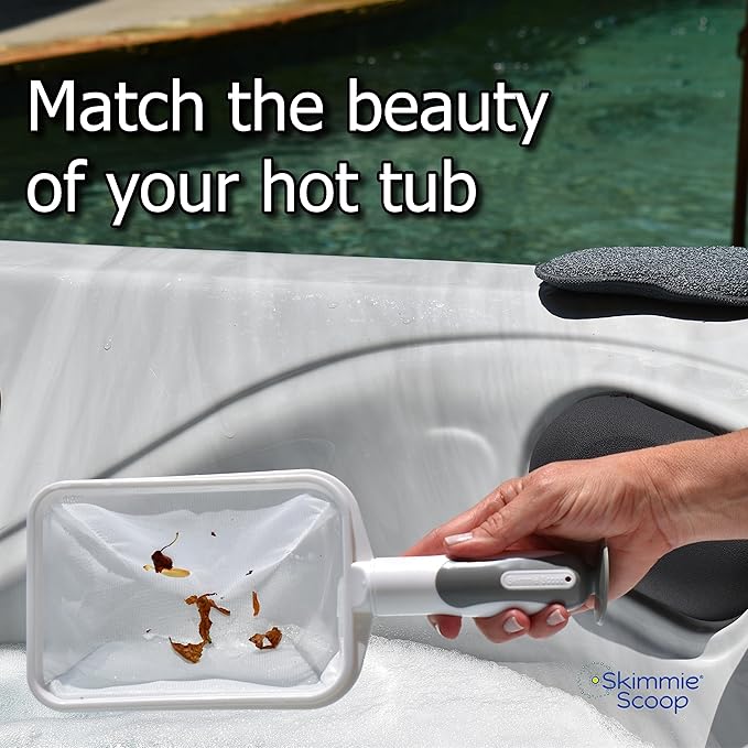 The Skimmie Scoop - Patented Handheld Skimmer with Fine Mesh Net for Spa, Hot Tub, Cold Plunge and Small Pool Cleaning - Lightweight and Durable with Powerful Suction Cup - Clean Out Filter (White)