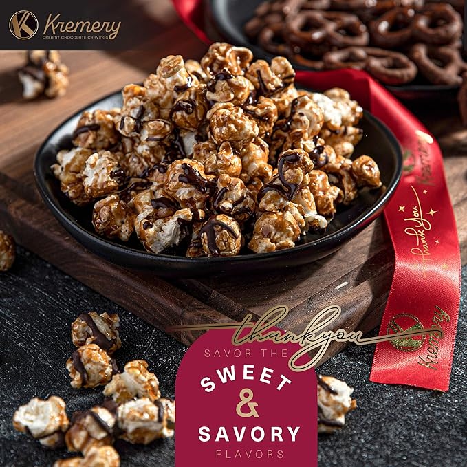 KREMERY Creamy Chocolate Cravings - Thank You Appreciation, Chocolate Covered Pretzels & Caramel Popcorn Gift Basket, in Seagrass Tray + Ribbon & Greeting Card (Deluxe, 3.5 lbs) Food Assortments USA Made