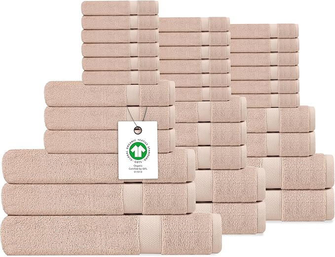 Delara Organic Cotton Luxuriously Plush Bath Towel 33 Piece Set|GOTS & Oeko-TEX Certified|Premium Hotel Quality Towels|Feather Touch Technology|650 GSM Long Staple|Soft, Quick Dry & Ultra-Absorbent