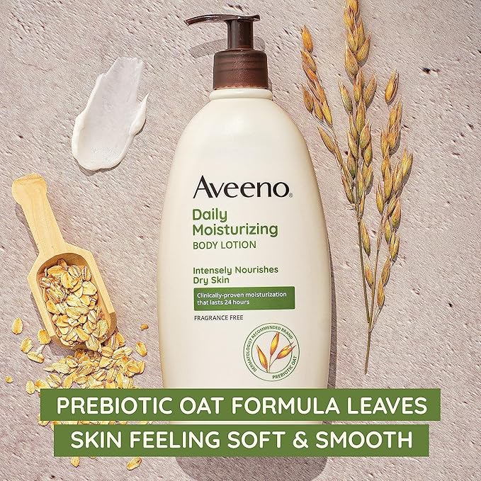 Aveeno Daily Moisturizing Body Lotion for Dry Skin with Prebiotic Oat, Fragrance & Paraben Free, Non-Greasy, Non-Comedogenic, for Sensitive Skin & 48-Hour Moisturizer 18 Fl Oz