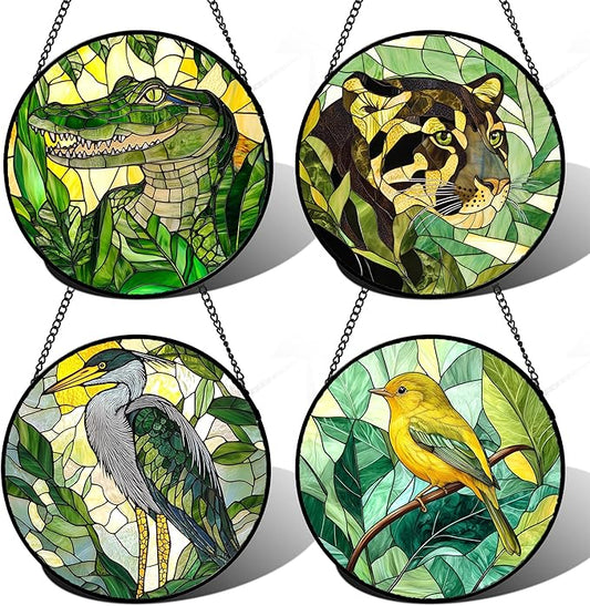 Stained Glass Window Hanging 4 Pcs Set Green Plants Animals Theme 7.8" - Bird Tiger Suncatcher Door Garden Sun Catcher Decor Birthday for Mom Woman Nana Men Friend