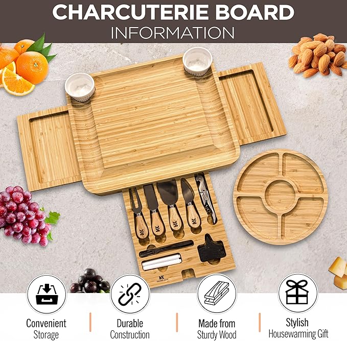 Kiaansh and Kiavi Charcuterie Boards Gift Set: Bamboo Cheese Board Set. Perfect for wedding gifts, Bridal shower and House Warming Gifts., Large