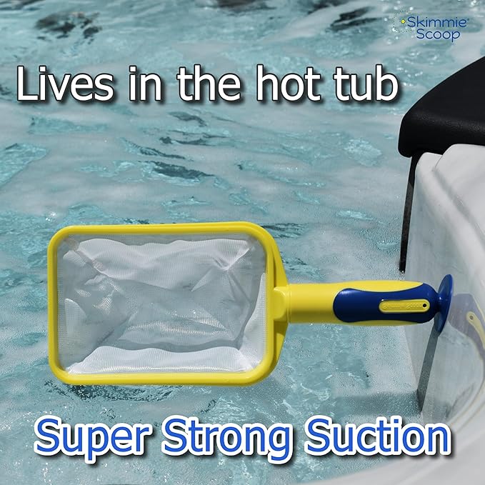 The Skimmie Scoop - Patented Handheld Skimmer with Fine Mesh Net for Spa, Hot Tub, Cold Plunge and Small Pool Cleaning - Lightweight and Durable with Powerful Suction Cup - Clean Out Filter (Yellow)
