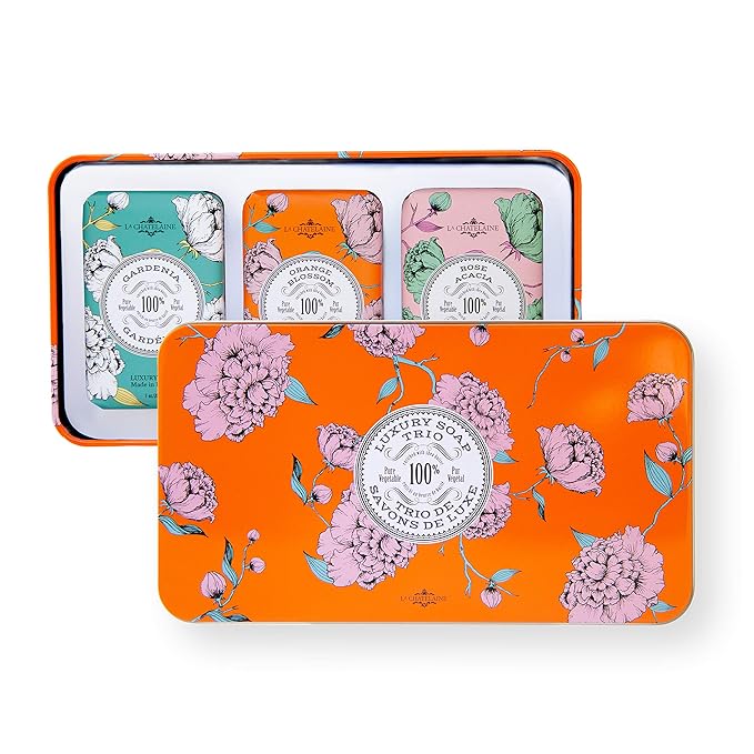 La Chatelaine Luxury Bar Soap Trio Gift Set Tin | Made in France | Natural and Organic | Shea Butter Formula | 3 x 7 oz / 200g - Orange Soap Trio (Gardenia, Orange Blossom, Rose Acacia)
