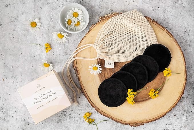 EIRA's Washable Makeup Remover Pads - Black Bamboo Reusable Cotton Rounds with Wooden Holder. Makeup Remover Cloths - Eco-Friendly - Zero Waste Reusable Makeup Remover Pads Set