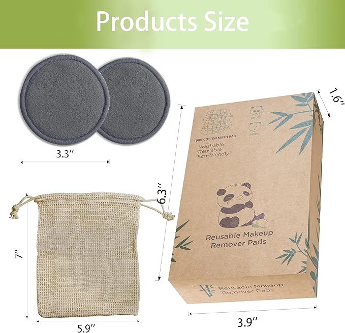 20 Pcs Reusable Makeup Remover Pads - Gray Bamboo Reusable Cotton Rounds with Laundry Bag