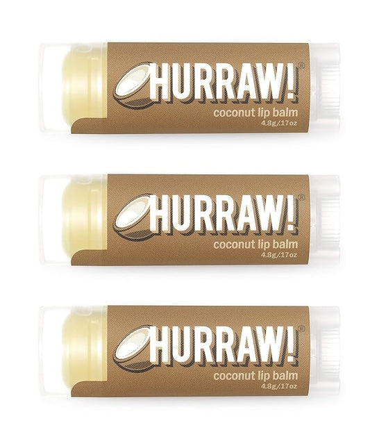 Hurraw! Coconut Lip Balm, 3 Pack: Organic, Certified Vegan, Cruelty and Gluten Free. Non-GMO, 100% Natural Ingredients. Bee, Shea, Soy and Palm Free. Made in USA