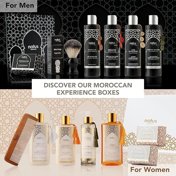 Argan Oil Beauty Gift Set for Men - Soap, Shampoo, Shower Gel, Shaving Gel, After Shave & Shaving Brush - All Skin/Hair Types - Vegan and Natural