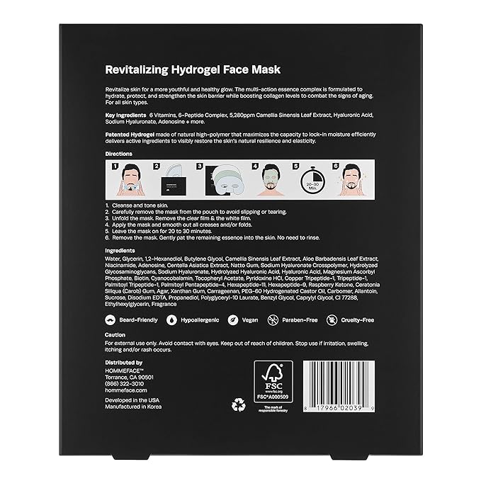 HommeFace Men’s Revitalizing Hydrogel Facial Mask Set (5ct) - Hydrating, Beard-Friendly, Anti-Aging, Soothing Face Sheet Masks - Korean Skincare Technology with Hyaluronic Acid, Vitamins & Peptides