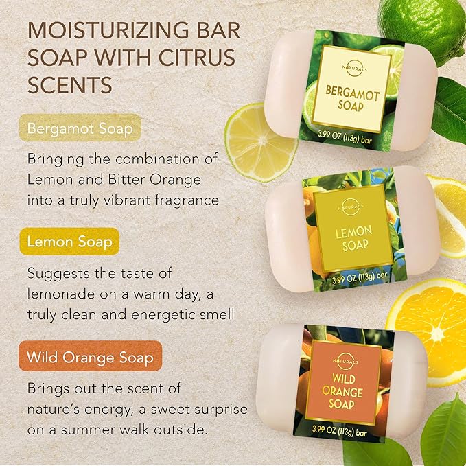 O NATURALS 100% Natural Bar Soap - Gift Set - Organic Ingredients & Essential Oils - Spa Gifts for Women & Men, Body Wash & Face Soap - 6PC Citrus Soap Collection