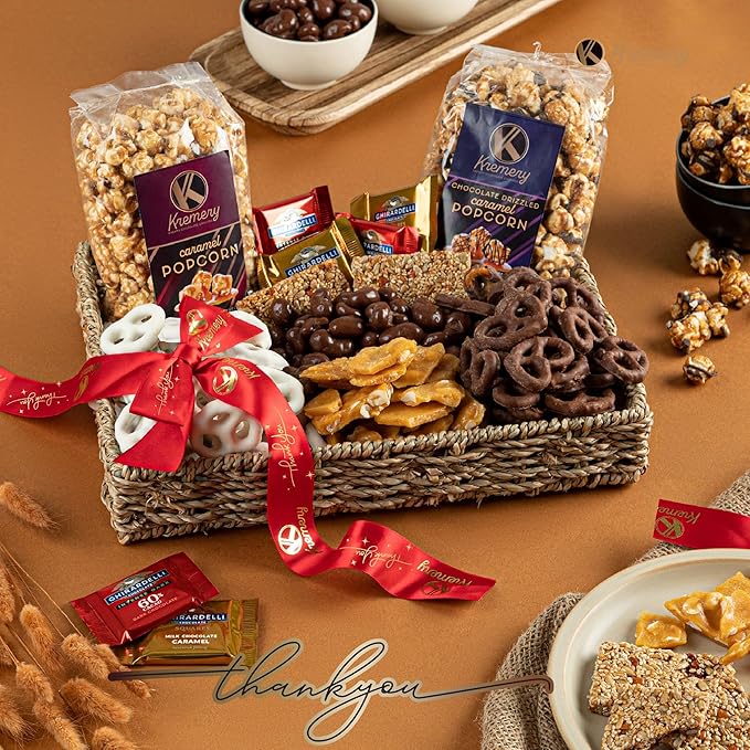 KREMERY Creamy Chocolate Cravings - Thank You Appreciation, Chocolate Covered Pretzels & Caramel Popcorn Gift Basket, in Seagrass Tray + Ribbon & Greeting Card (Deluxe, 3.5 lbs) Food Assortments USA Made