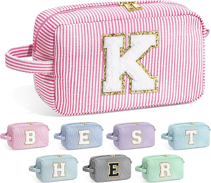 YOOLIFE Makeup Bag for Women - Monogram Cute Initial Pink Makeup Bags Cosmetic Toiletry Pouch Make Up Case for Women Her Best Friend Friendship Sister Teacher, Personalized Birthday Gifts for Women K