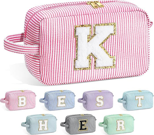 YOOLIFE Makeup Bag for Women - Monogram Cute Initial Pink Makeup Bags Cosmetic Toiletry Pouch Make Up Case for Women Her Best Friend Friendship Sister Teacher, Personalized Birthday Gifts for Women K