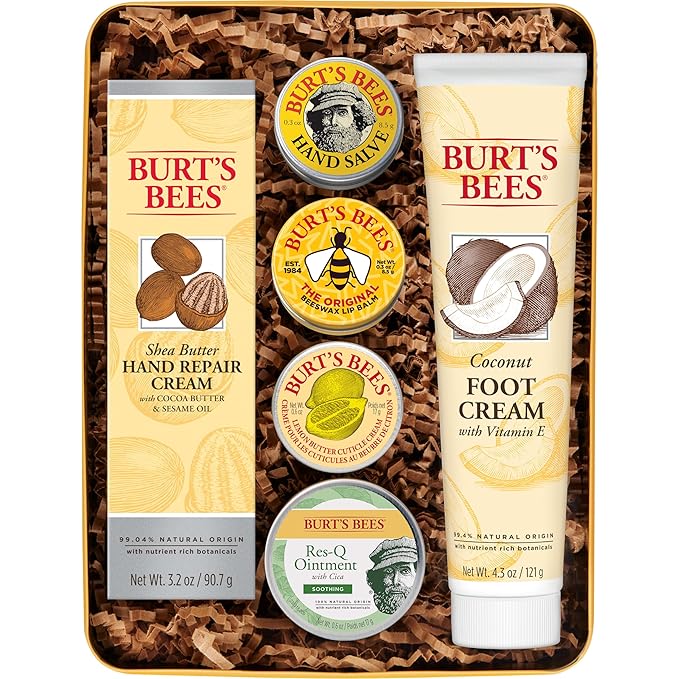 Burt's Bees Back To School Gifts Ideas - Classics Set, 6 Products in Giftable Tin – Cuticle Cream, Hand Salve, Lip Balm, Res-Q Ointment, Hand Repair and Foot Cream