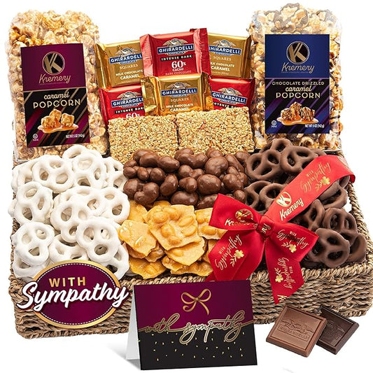 KREMERY Creamy Chocolate Cravings - Sympathy Condolence, Chocolate Covered Pretzels & Caramel Popcorn Gift Basket, in Seagrass Tray + Ribbon & Greeting Card (Deluxe, 3.5 lbs) Food Assortments USA Made