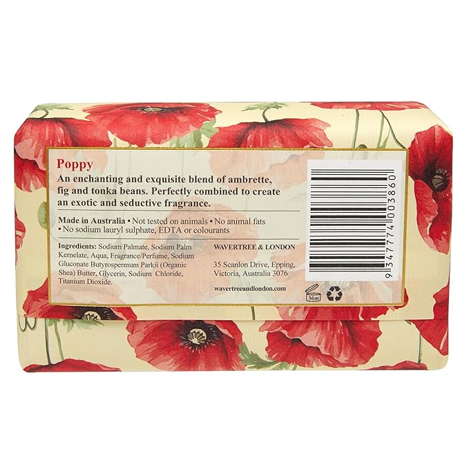 Wavertree & London Poppy Scented Natural Soap (2 Bars), 7oz Moisturizing French Triple Milled Soap Bars enriched with shea butter - Pure Plant Based Bath & Body Bars for All Skin Types