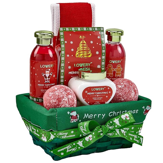 Bath and Body Christmas Gift Basket ForWomen–Strawberry & Sandalwood Fragrance-Holiday Home SpaSet, Includes Merry Christmas Body Lotion, 2 OversizedBath Bombs, Bath Salt, Weaved Basket & More