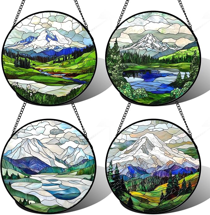 Stained Glass Window Hanging 4 Pcs Set Mountains Lake Green White Landscape Large 11.8" - Suncatcher Door Garden Sun Catcher Decor Birthday Christmas for Mom Woman Nana Men