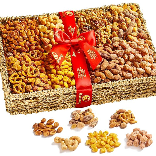 KREMERY Gourmet Nut Gift Basket - Mixed Nuts Gift Basket in Seagrass Tray with Ribbon (8 Assortments) Healthy Snack Care Package, Food Assortments