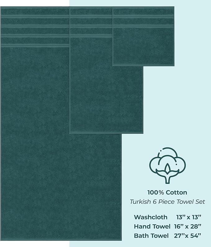 American Soft Linen Luxury 6 Piece Towel Set, 2 Bath Towels 2 Hand Towel 2 Washcloths, 600 GSM 100% Cotton Turkish Towels for Bathroom, Teal Towel Sets