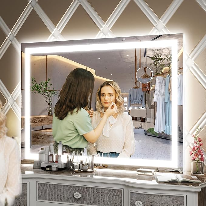 FENNIO Large Vanity Mirror with Lights，42" x 32"Makeup Mirror with Lights，Hollywood Mirror with 3 Color Modes & Adjustable Brightness，Vanity Mirror Square White