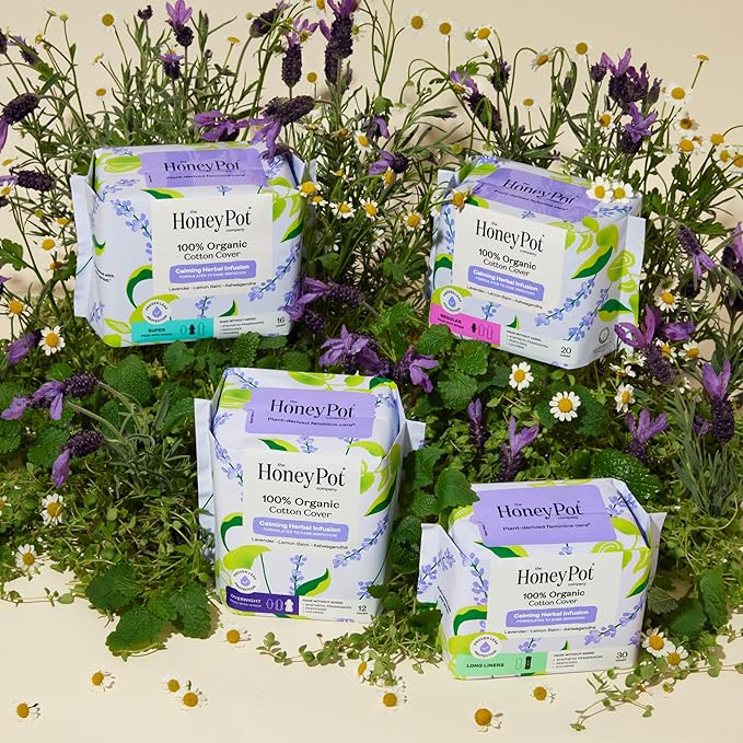Honey Pot 100% Organic Cotton Cover Calming Herbal Infusion Overnight Pads, 12 Count