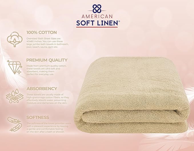 American Soft Linen Oversized Bath Sheet 40x80 Extra Large for Bathroom, 600 GSM 100% Cotton Turkish Jumbo Bathsheet Towels for Adults, Beige Bath Sheet