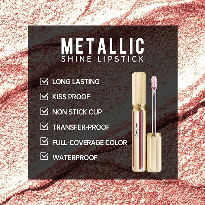 Nude Lipsticks for Women Metallic Lipstick Long Lasting Non Stick Cup Lip Gloss, Metal Shine Lightweight Hydrating Full Coverage Lip Color, DP101 Halo