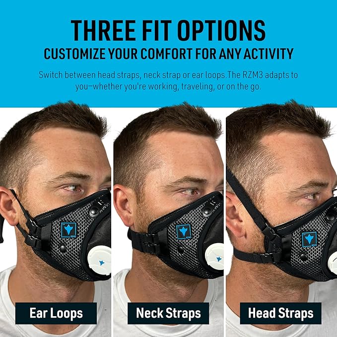 RZ Mask RZM3 - Patented Dust Mask w/ 99.8% Carbon Filtration, Anti Fogging, 360° Seal with 3 Straps, 50% Better Breathability