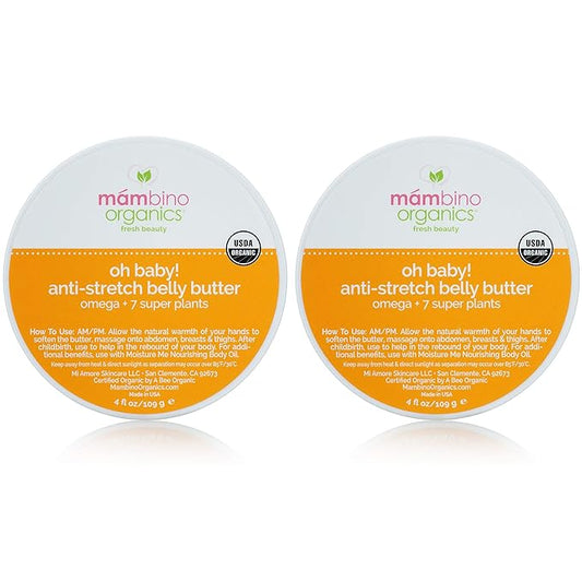 Mambino Organics Oh Baby! Belly Butter, Belly Cream with Shea Butter for Pregnancy, Minimizes Stretch Marks, Vegan, Cruelty-Free, Maternity Skin Care, 2-Pack, 4 fl oz