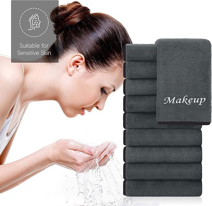 Cosy Family 10 Pack Makeup Remover Wash Cloths - Soft Microfiber Fingertip Facial Cleansing Cloths for Hand and Make Up, 12 x 12 in, Black Grey
