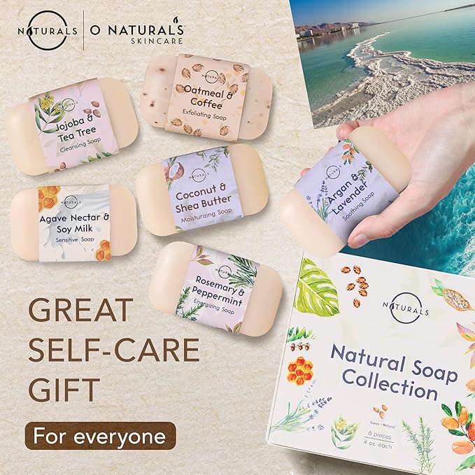 O NATURALS 100% Natural Bar Soap - Gift Set - Organic Ingredients & Essential Oils - Spa Gifts for Women & Men, Body Wash & Face Soap - 6PC Natural Collection