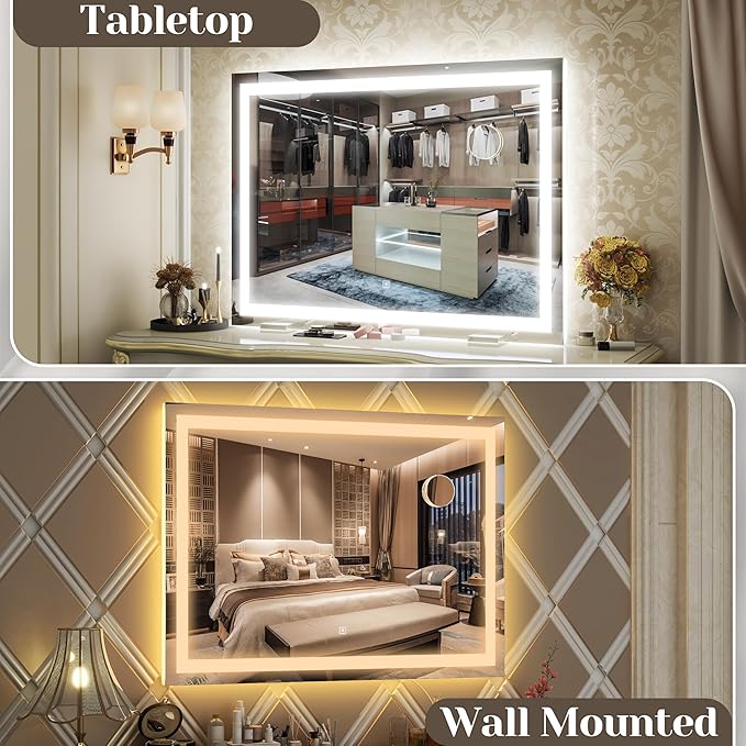 FENNIO Large Vanity Mirror with Lights，42" x 32"Makeup Mirror with Lights，Hollywood Mirror with 3 Color Modes & Adjustable Brightness，Vanity Mirror Square White