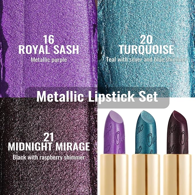 Oulac Metallic Lipstick Set 3PCS High Impact Lipcolor with Moisturizing Formula, Vegan Beauty, Full-Coverage Lip Color, Gift Lipstick for Women, 4.3g X 3PCS, 16+20+21