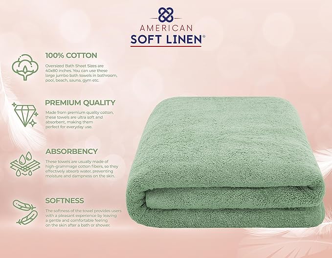 American Soft Linen Oversized Bath Sheet 40x80 Extra Large for Bathroom, 600 GSM 100% Cotton Turkish Jumbo Bathsheet Towels for Adults, Sage Green Bath Sheet