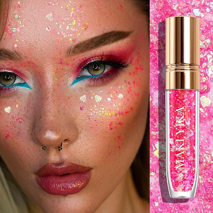Pink Glitter Lipstick Makeup Mermaid Sequins for Eye Hair, Singer Concerts Party Festival Sparkling Chunky Lip Glitter for Women,Pink Lips