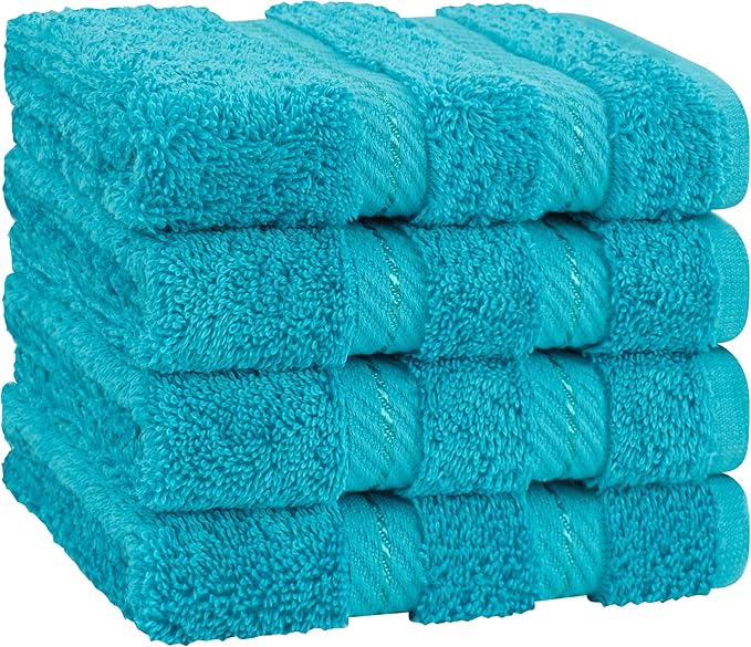 American Soft Linen Luxury Washcloths for Bathroom, 600 GSM 100% Cotton 4 Piece Turkish Wash Cloth Set, 13x13 in Soft Rags for Body and Face, Aqua Blue Washcloths