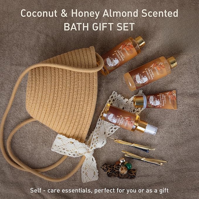 Spa Gift Set for Women, Happy Birthday Gifts for Mom Her Friend Sister Wife, Self Care Get Well Gifts with Coconut & Honey Almond Bath Set for Teengirls