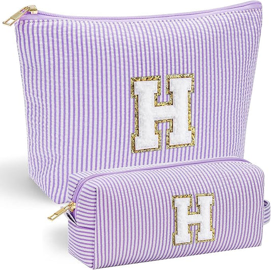 YOOLIFE Personalized Friend Birthday Gifts - 2 Pieces Makeup Bag Cosmetic Bags for Women Travel Makeup Bag Make up Bag with Small Makeup Bag Wedding Bridesmaid Gifts Teacher Gifts for Women Letter H