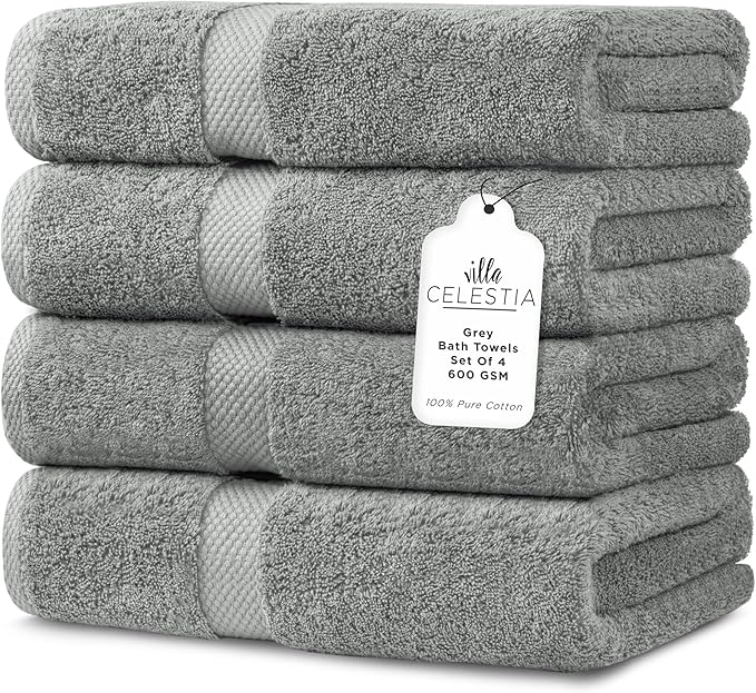 600 GSM 100% Cotton Bath Towels, Grey, Set of 4, Highly Absorbent, Plush, Soft, Quick Dry, 4 Pieces Combed Cotton Luxury Towels for Hotels, Spa, Salon, Bathroom, Dorm, Pack of 4