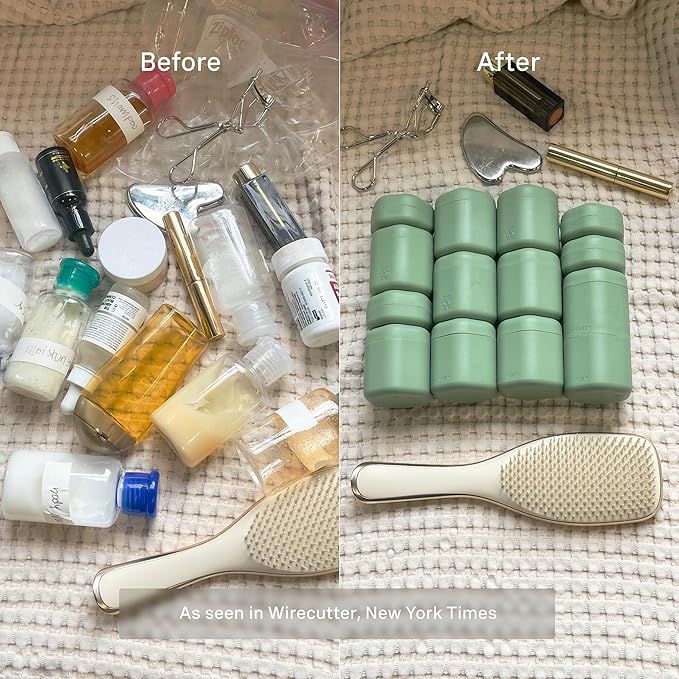 Cadence Travel Containers - Core Skincare Set - Magnetic Containers with Lids,2 Small (0.56oz) & 3 Medium (1.32oz) - Cleanser, Moisturizer, Serum, Makeup Remover & Sun Icon Labels - Eucalyptus