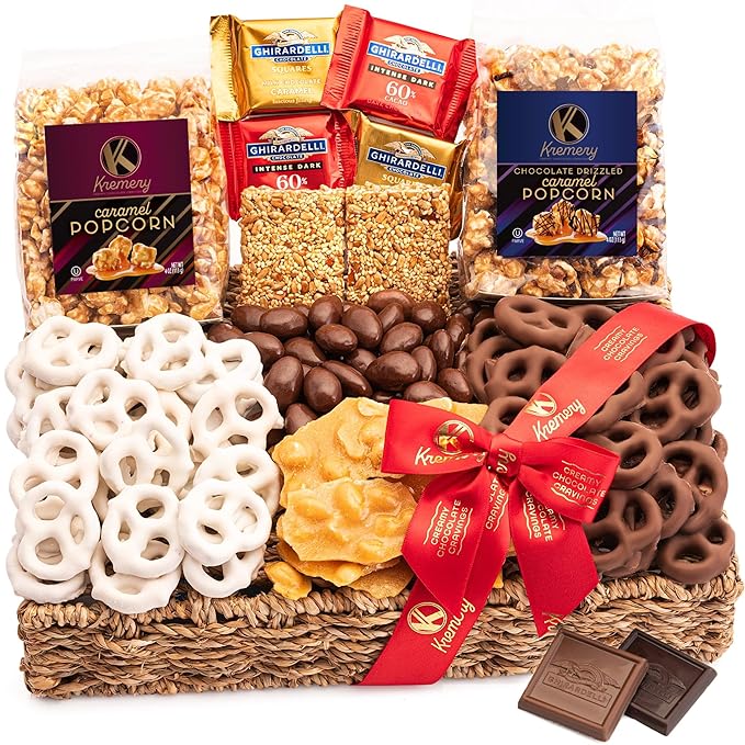 KREMERY Creamy Chocolate Cravings - Chocolate Covered Pretzels & Caramel Popcorn Gift Basket, in Seagrass Tray + Ribbon (Premium, 2.5 lbs) Food Arrangement, Food Assortments USA Made